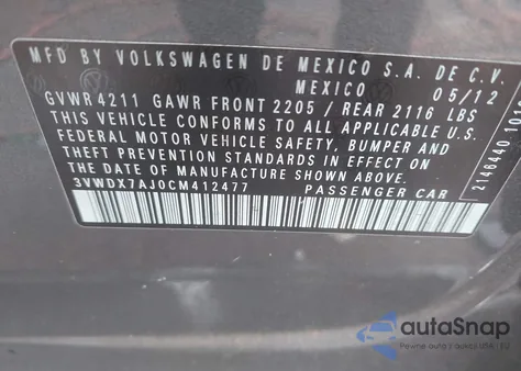 2012 Volkswagen Jetta 2.5L Se from USA, damaged, VIN 3VWDX7AJ0CM412477